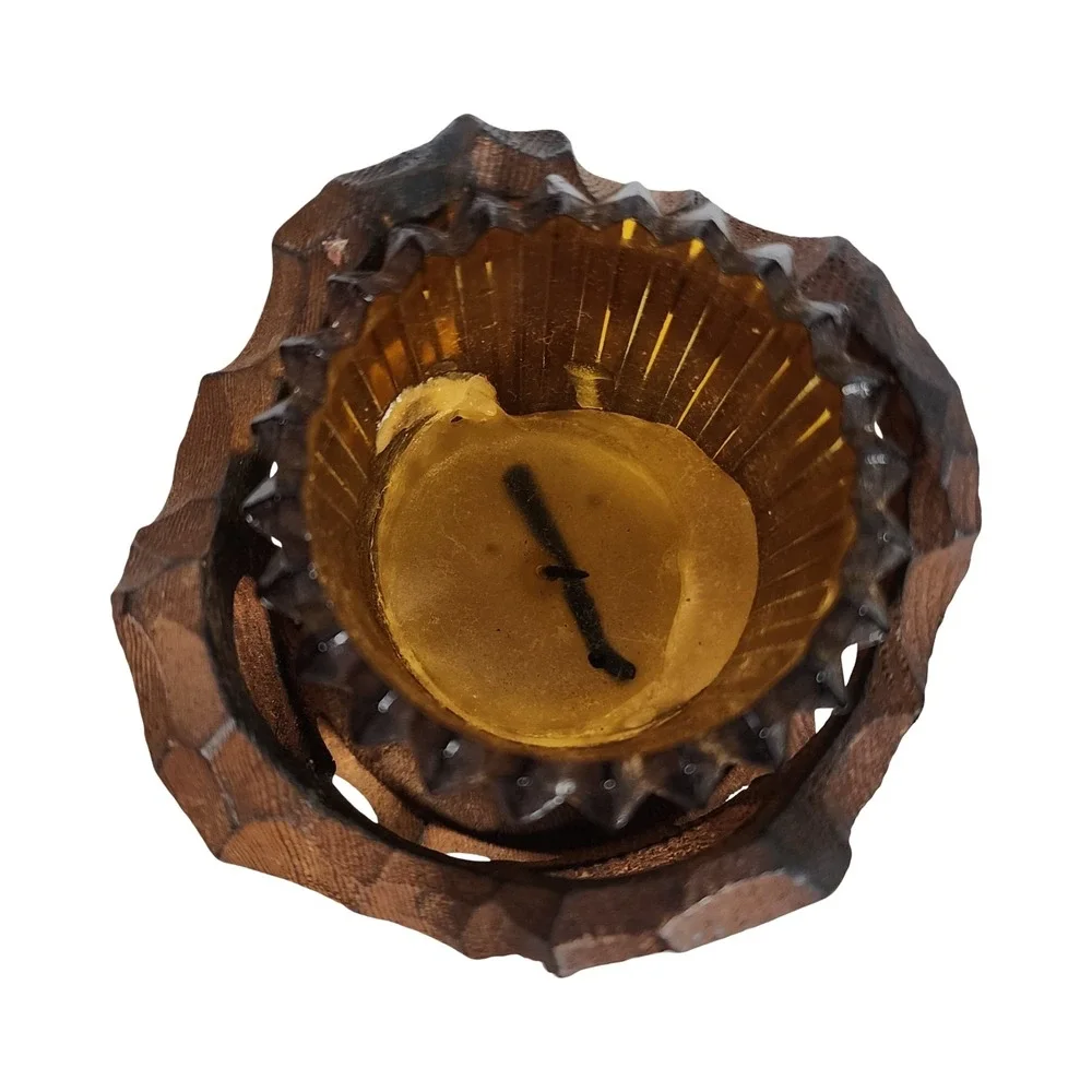 Vintage Hand Carved Brutalist Wood‎ Candle Holder Amber Glass Votive MCM 6.5in